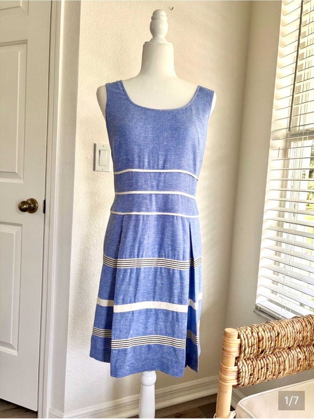 Ann Taylor Blue and White Striped Midi Dress